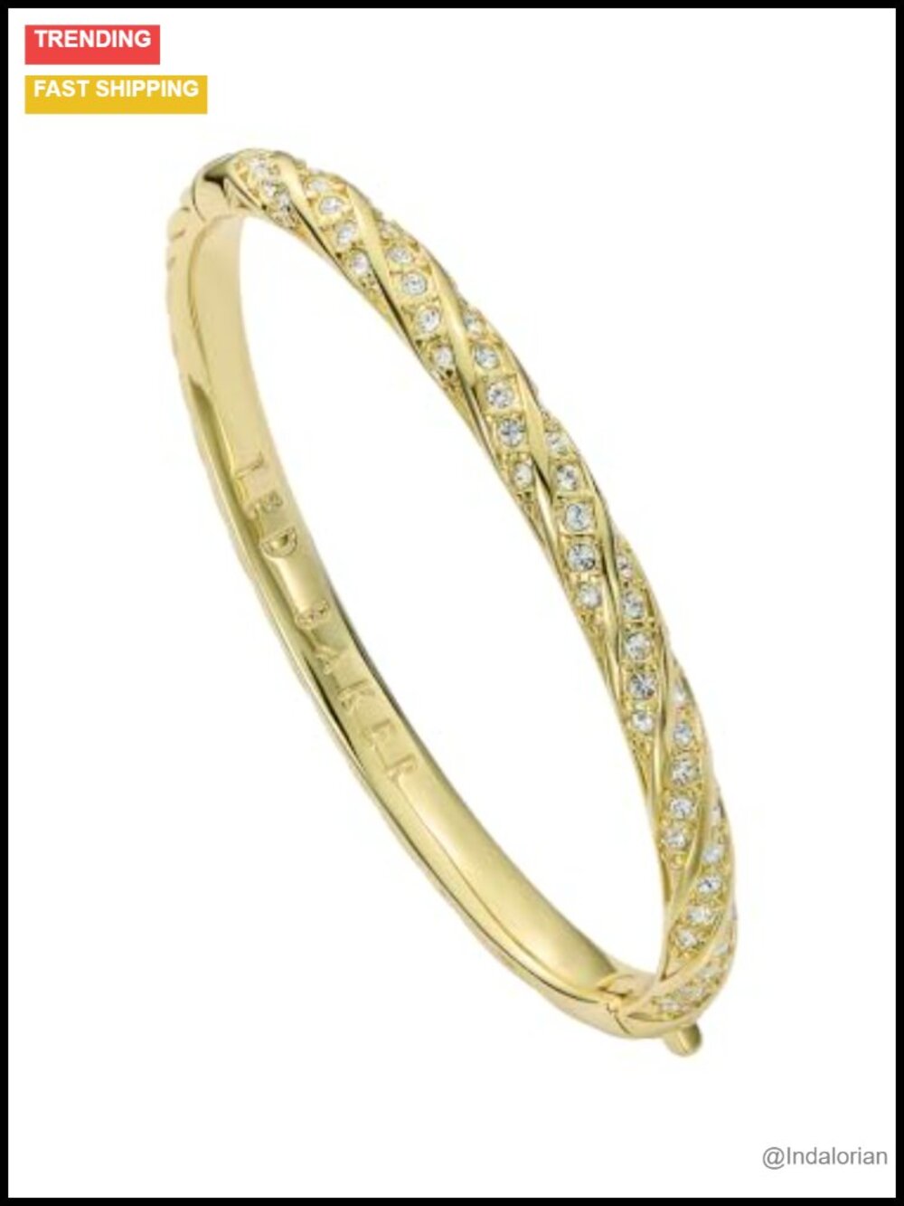Gold Tone Plated Brass Crystal Twist Hinged Bangle Bracelet